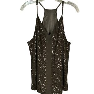 Black Sequin Cami Top V-Neck Racerback L Party Evening Club 90s Boho Glam Luxe
